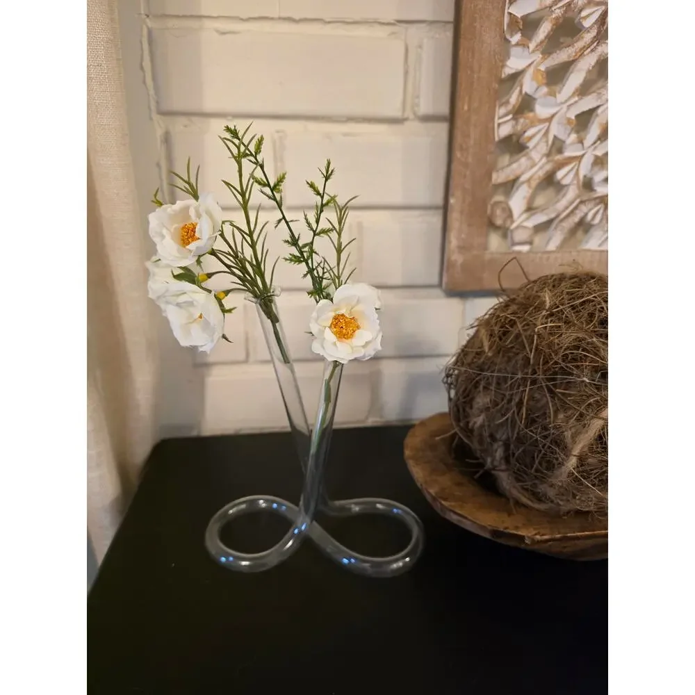 VTG 1980s Clear Glass Loop-Base Bud Vase Nostalgia Minimalist Retro Decor EUC
